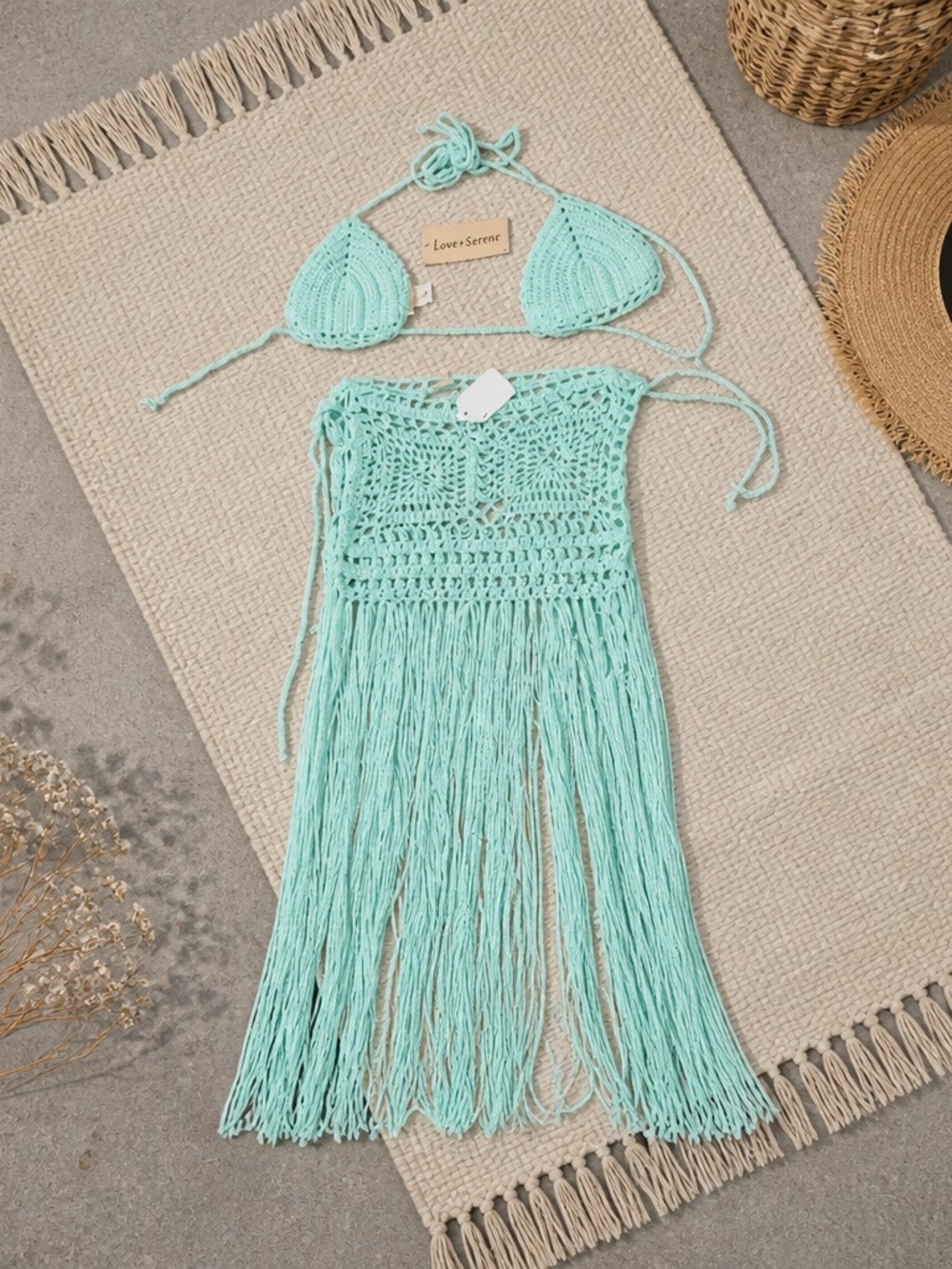 Love + Serene Mint Crochet Fringe Bikini Set